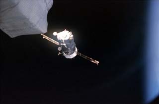 View of the Soyuz spacecraft taking the Mir-23 crew from the station back to Earth.